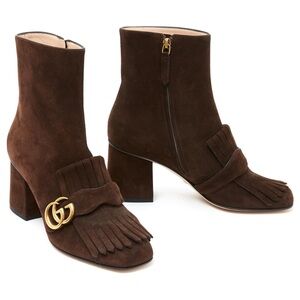 Gucci Dark Brown Suede Ankle Boots with Gold Logo